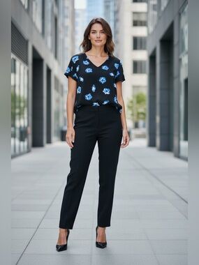 41 Hawthorn, Floral Blouse, Black Blue Flowers V-Neck Flutter Sleeve, Medium